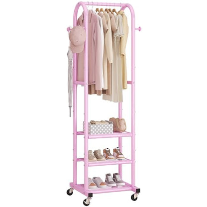 Dttwacoyh Clothing Rack with Wheels,Narrow Metal Garment Rack,Pink | Easy to install, 71.8 Inches Display Rack with 4 Side Hooks & 3 Shelves,for Small Flats, Bedroom, Entryway,Pink Clothes Rack - color: Pink