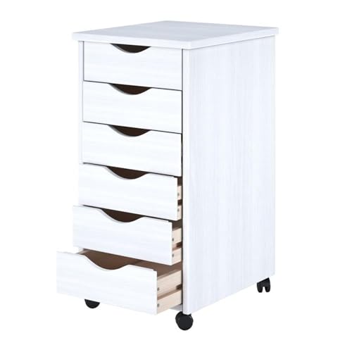 Pemberly Row Modern Solid Wood 6-Drawer Roll Utility Cart, White Finish, Compact Design with Casters, Durable Pine Construction, Mobile Storage for Office, Dorm, Craft Room or Small Spaces - color: White, size: 13.25" x 15.25" x 25.75"