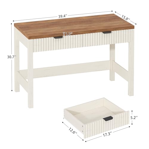 YOMILUVE Fluted Computer Desk with 2 Drawers, 39 Inch Small Computer Desk with Storage, Compact Writing Study Vanity Desk for Small Spaces, Antique White - color: Antique White