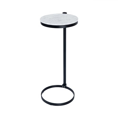 TEHOME Black Marble Drink Table Metal Martini Round Small Drink Side Table for Couch Marble C Shaped End Table for Sofa 10" diam,24.55" h - color: Black With Marble Top