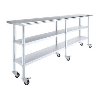AmGood Stainless Steel Work Table with 2 Shelves and Casters | Metal Utility Table On Wheels (Stainless Steel, 96" Long x 18" Deep) - size: 96" Long x 18" Deep