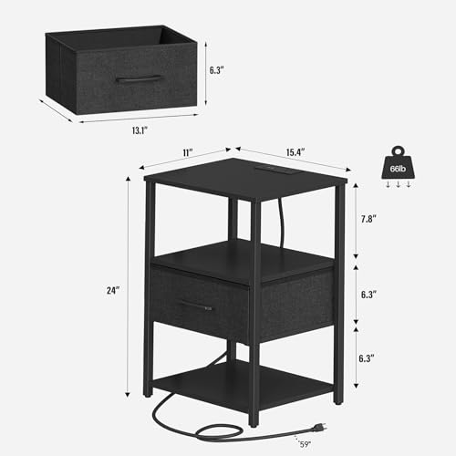 TUTOTAK Nightstand Set of 2, Night Stand with Charging Station, End Table, Bedside Table with Fabric Drawer, Side Table for Livingroom and Bedroom, Black TB01BK0692 - color: Black, style: Plug