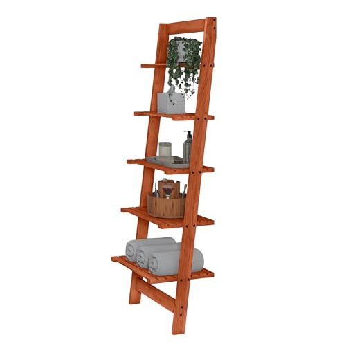 5-Tier Ladder Shelf - 50-Inch Narrow Leaning Bookshelf - Wooden Bookcase for Living Room, Bathroom, Kitchen, Office, or Bedroom Furniture by Lavish Home (Cherry) - color: Cherry
