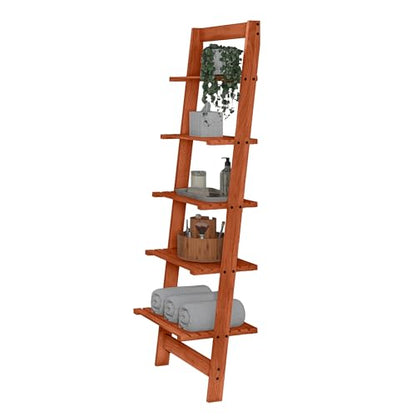 5-Tier Ladder Shelf - 50-Inch Narrow Leaning Bookshelf - Wooden Bookcase for Living Room, Bathroom, Kitchen, Office, or Bedroom Furniture by Lavish Home (Cherry) - color: Cherry