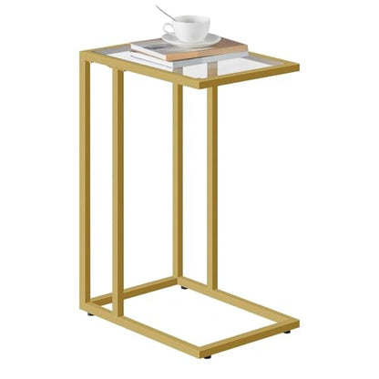 HOOBRO C Shaped End Table, Glass Side Table with Metal Frame, Gold Coffee Table for Small Space, Modern Style, for Living Room, Gold GD03SF01G1 - color: Gold