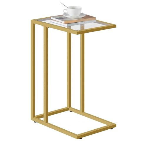 HOOBRO C Shaped End Table, Glass Side Table with Metal Frame, Gold Coffee Table for Small Space, Modern Style, for Living Room, Gold GD03SF01G1 - color: Gold