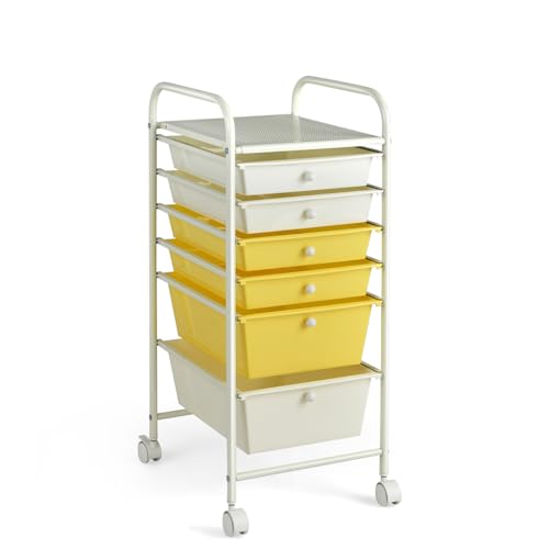 6-Tier Rolling Cart with Drawers, Storage Cart with Universal Wheel & Metal Frame, Multipurpose Mobile Trolley Utility Cart for Small Space Makeup School Office Play Room(Beige+Yellow) - color: Beige+Yellow, size: 6 Drawers (2 Big +4 Small)