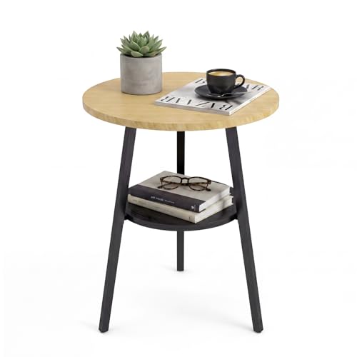 Small Round Side Table, End Tables Living Room, Oak | 2-Tier Side Table with Storage Shelf for Small Spaces, Bedside Accent Table for Living Room, Bedroom, Metal Frame & Wood Top - color: Oak