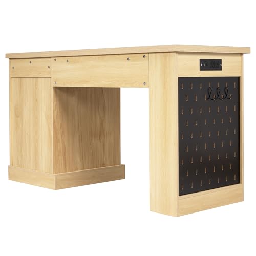 55" Modern Fluted Office Desk with Storage Cabinet & Drawers, Computer Writing Desk with Power Outlet, Pegboard, Built-in Shelves & Keyboard Tray for Study, Home Office (Light Oak) - color: Light Oak