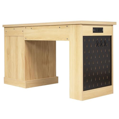 55" Modern Fluted Office Desk with Storage Cabinet & Drawers, Computer Writing Desk with Power Outlet, Pegboard, Built-in Shelves & Keyboard Tray for Study, Home Office (Light Oak) - color: Light Oak