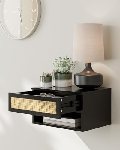 Floating Nightstand With Drawer - Small Modern Shelves for Bedroom, Bathroom (Black Rattan) - color: Black Rattan