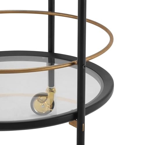 GDFStudio Modern Round Bar Cart with Dual Tempered Glass Shelves, Lockable Wheels and Gold Metal Accents, Rolling Beverage Serving Cart for Living Room, Kitchen or Dining Space,Black and Gold Finish - color: Black,gold