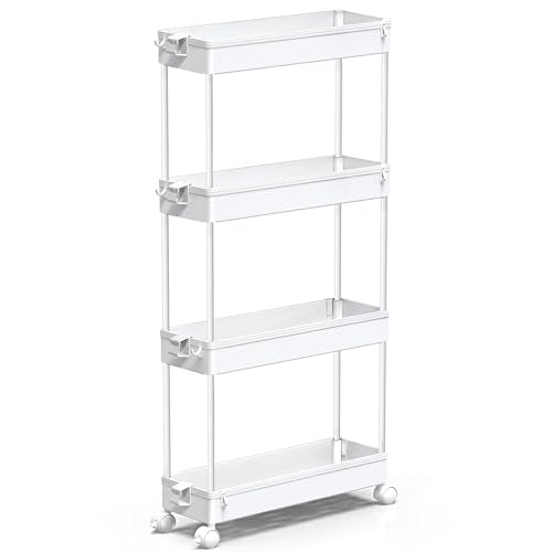 SPACEKEEPER Slim Rolling Storage Cart 4 Tier Bathroom Organizer Mobile Shelving Unit Utility Cart Tower Rack for Kitchen Laundry Narrow Places, White - color: White