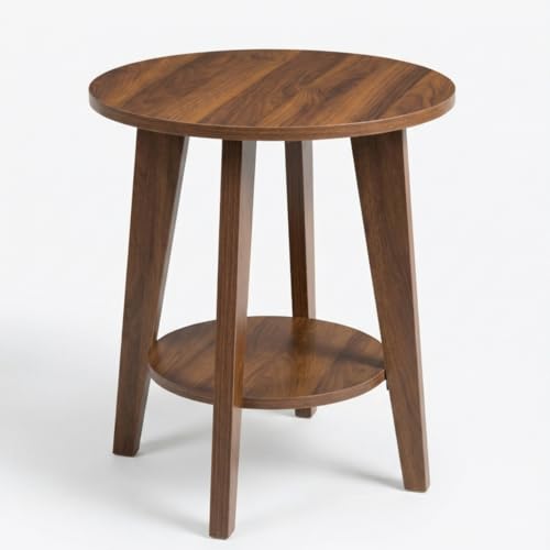 Small Round Side Table-17.7" Cute End Table with 2-Tier Storage | Waterproof Low Nightstand for Kids Room,Nursery,Small Spaces,Plant Stand&Bean Bag(Walnut)