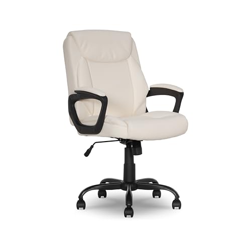 Amazon Basics Classic Puresoft PU Padded Mid-Back Office Chair with Armrest, Height Adjustable, Easy to Assemble, 26"D x 23.75"W x 42"H, Cream - color: Cream