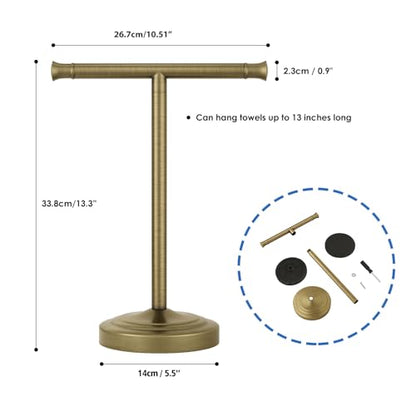 RUMOSE 13 Inch Antique Brass Towel Bar Stand Hand Holder Bathroom Kitchen Vanity Countertop T-Shape Towel Rack Free Standing Stainless Steel - color: Antique Brass
