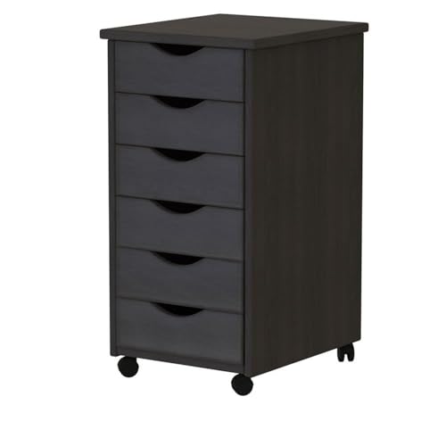 Pemberly Row Modern Solid Wood 6-Drawer Roll Utility Cart, Black Finish, L 15.25 x W 13.25 x H 25.75 in, Durable Pine Wood, Mobile Storage for Home Office, Crafts, Kitchen, Compact & Spacious Design - color: Black, size: 13.25" x 15.25" x 25.75"