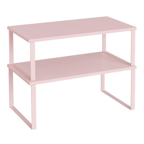 SONGMICS Cabinet Organizer Shelf, Set of 2 Kitchen Counter Shelves, Kitchen Storage, Spice Rack, Stackable, Expandable, Metal and Engineered Wood, 15.6 Inches, Jelly Pink UKCS025S01 - color: Jelly Pink, size: 15.6"w
