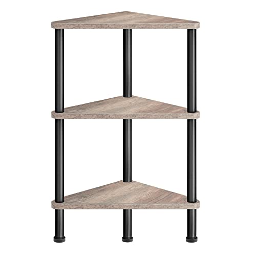 HOOBRO Corner Shelf Stand, Industrial 3-Tier Wall Corner Bookshelf with Metal Frame, Plant Display Shelf, Bookcase for Small Spaces, Living Room, Greige and Black BG30CJ01 - color: Greige + Black, size: 11.8"L x 11.8"W x 25"H