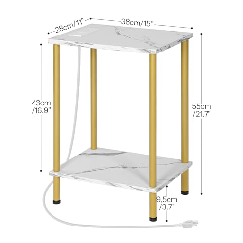HOOBRO Side Table with Charging Station, Set of 2 End Tables with USB Port and Outlet, Nightstand with 2-Layer Storage Shelves for Small Spaces, Living Room, Bedroom, Gold and Marble DM09UBZP201 - color: Marble + Gold