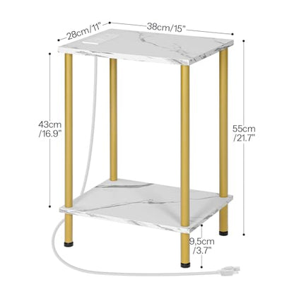 HOOBRO Side Table with Charging Station, Set of 2 End Tables with USB Port and Outlet, Nightstand with 2-Layer Storage Shelves for Small Spaces, Living Room, Bedroom, Gold and Marble DM09UBZP201 - color: Marble + Gold