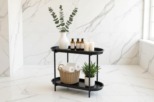 Large Metal 2-Tier Multi-Purpose Stand – Sleek Black Indoor/Outdoor Oval Shelving Unit; Modern Storage Rack for Home Decor, Books, Bathroom Essentials, or Plants