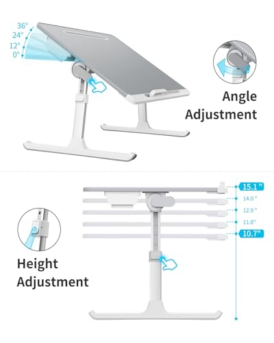 Laptop tray, SAIJI 60*45cm Table lap for bed, Multi-purpose Premium Lapdesk, Height Angle adjustable, with Book Stand, Drawer, Tablet slot, for Eating, Working, Writing, Gaming, Drawing (Light Grey) - color: Dark Gray