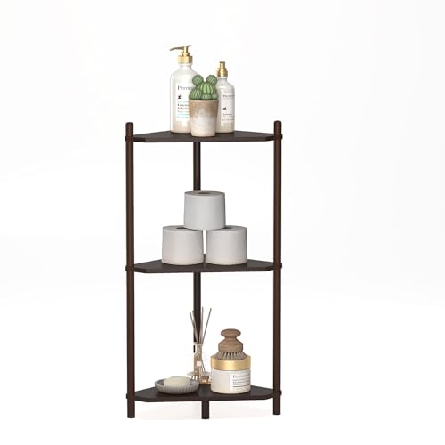 Wisuce Brown Small Corner Shelf Stand, 3-Tier Bamboo Corner Bookshelf | Space-Saving Narrow Corner Shelf | Bathroom Corner Shelf | Shelves for Bedroom, Living Room, Kitchen & Plant Display - color: Brown, size: 3 Tier