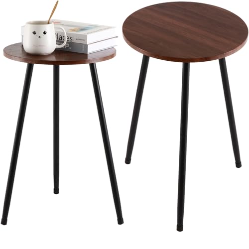 Metal Outdoor Side Tables Set of Two Small Outside Round End Table for Patio Modern Accent Garden Corner Table for Small Spaces, Balcony, Porch, Weather-Resistant Plant Stand Indoor, Woodgrain - color: Woodgrain Pattern, style: 2 packs/ 13.4 in