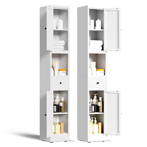 71" Tall Metal Bathroom Cabinet, 12" Slim Freestanding Locker with 2 Door & 1 Drawer, Narrow Storage Cabinet with Adjustable Shelves, for Small Spaces, Bathroom, Living Room, Modern - White