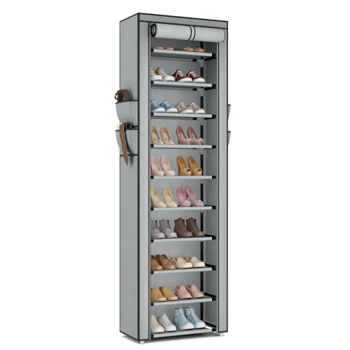 ROJASOP Shoe Rack with Covers 10 Tier Large Shoe Organizer Tall Shoe Closet Storage for 20-22 Pairs Shoe and Boot, Free Standing Shoe Rack Organizer for Closet, Entryway, Bedroom, Grey - color: Grey, size: 17.7"W - 10 Tier