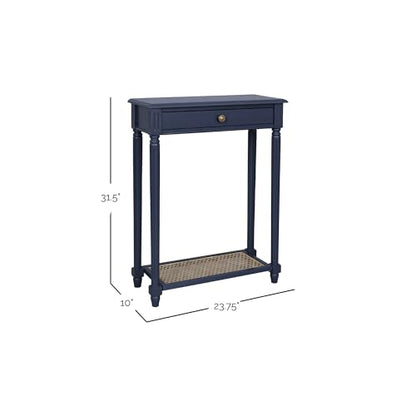 East at Main Lenora Navy Narrow Console Table for Entryway with Drawer | 23.75-inch slim hallway table with cane shelf, solid wood frame, navy finish, traditional furniture for small spaces - color: Navy
