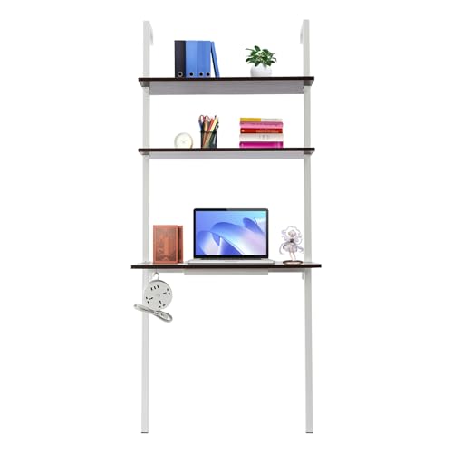 2-Shelf Industrial Wall Mount Ladder, Wall Mount Computer or Writing Desk, Computer Laptop Desk with Shelves, Floating Desk with Storage, Wall Table for Home Office, White (20"x30"x72.5") - color: White/ Brown