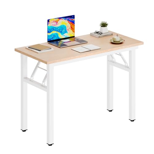 DlandHome 31.5 Inch Small Folding Computer Desk for Home Office, Pink Oak | Foldable Writing Table for Small Spaces Bedroom, No Assembly Required, Wood Top Metal Frame, Collapsible Compact Easy Storage - color: Pink Oak + White, size: 31.5 Inches
