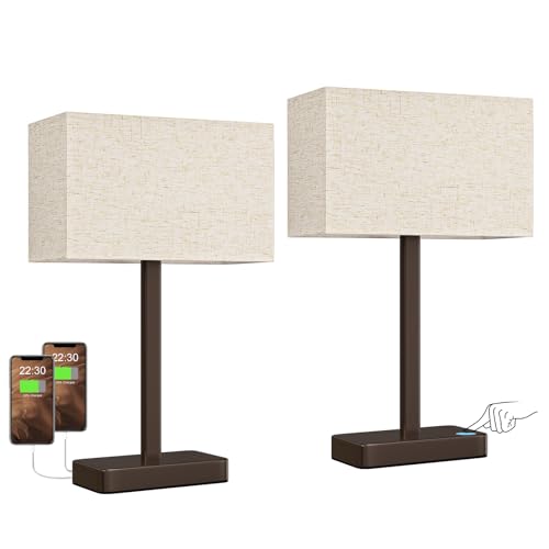 Hong-in Touch Lamps for Bedroom - 3-Way Dimmable Bedside Lamps Set of 2 with USB C+A, White Modern Table Lamp for Night Stands, Desk Lamp for Living Room Nightstand End Tables Bed Side - color: G. White&Brown