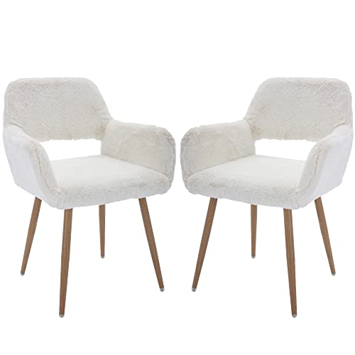 KCC Desk Chair No Wheels Makeup Vanity Chair for Living Room,Set of 2,White | Faux Fur Chair Modern Dining Room Arm Chairs Mid-Century Accent Upholstered Club Guest Chair with Metal Tube Legs for Kitchen - color: White, size: Set of 2