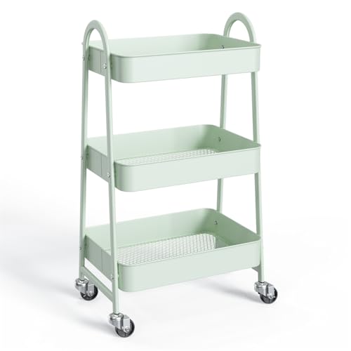 3-Tier Metal Rolling Utility Cart, Small Rolling Cart Kitchen Trolley Bathroom Laundry Room Bar Office Shelves Storage Organizer Shelving Unit with Caster Wheels for Narrow Places, Green - color: Green