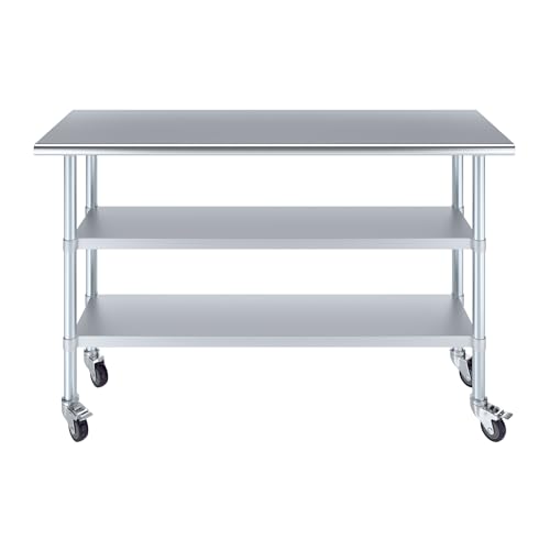 AmGood Stainless Steel Work Table with 2 Shelves and Casters | Metal Utility Table On Wheels (Stainless Steel Work Table with 2 Shelves + Casters, 60" Long x 18" Deep) - size: 60" Long x 18" Deep