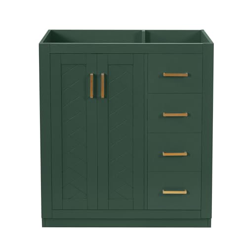 30 Inch Green Bathroom Vanity Without Sink,Bathroom Vanity Base Cabinet | with Herringbone Pattern Soft Closing Doors,3 Right Drawers,Solid Wood Frame,Floor-Standing with Toe-Kick - color: Green, size: 30 Inch Base Only(Right Drawers)