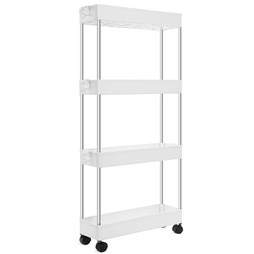YSSOA Rolling Storage Cart, 4 Tier Slim Mobile Shelving Unit for Storage,360° Rotating Wheel Lockable Utility Cart,Great for Office, Kitchen, Bathroom, Laundry or Narrow Spaces, White - size: 4-Tier 16"Dx5"Wx33"H