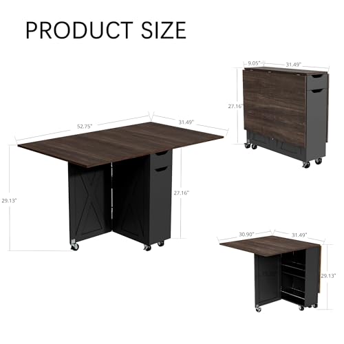 Folding Dining Table with 6 Wheels, Drop Leaf Tables for Small Spaces, Foldable Dining Table with 2-Layer Storage Rack, Kitchen Table with Drawer (Brown Wood and Black) - color: Dark Brown