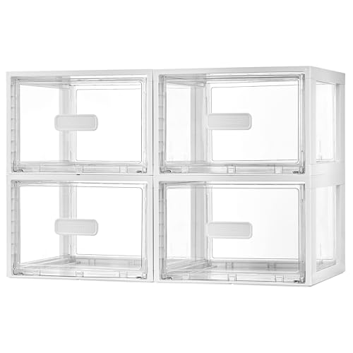 Vtopmart 4 Pack White Stackable Storage Drawers 15QT, Easily Assemble Closet Organizers,Plastic Storage Bins for Bathroom,Cabinet,Kitchen Pantry,Under Sink Organization(Medium) - color: white