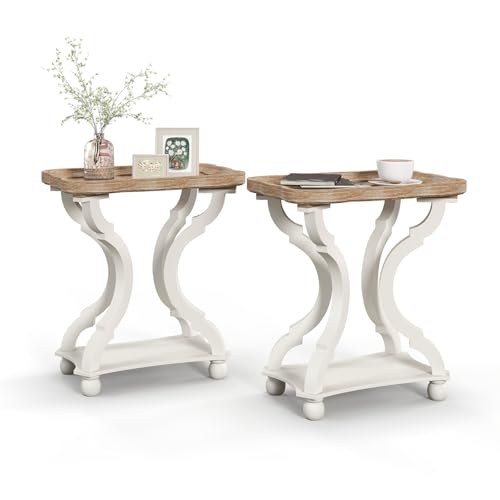Accent Wood Farmhouse End Table Side Tables Nightstand Natural Tray Top and Distressed Carved Legs for Bedroom Living Room, White (2 PCS) - size: 2-pcs, style: Rectangle