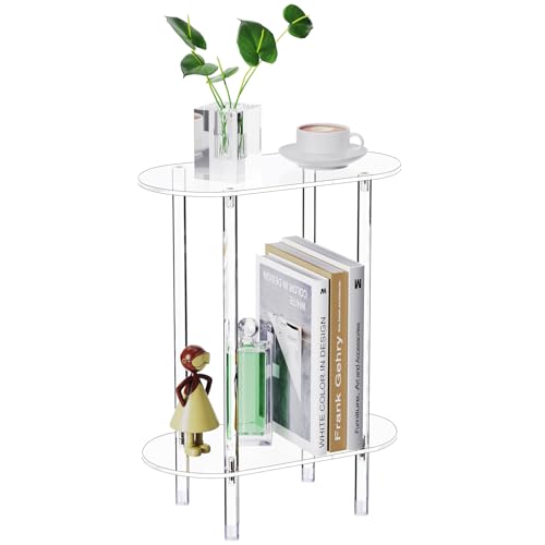 Clear Acrylic Narrow Side Table for Small Spaces, 15.75" L x 7.87" W x 19.82" H, 2 Tier Oval Slim End Table Nightstand, Small Skinny Bedside Table for Bedroom, Bathroom, Living Room - size: 2 Tier Oval 1-Pack