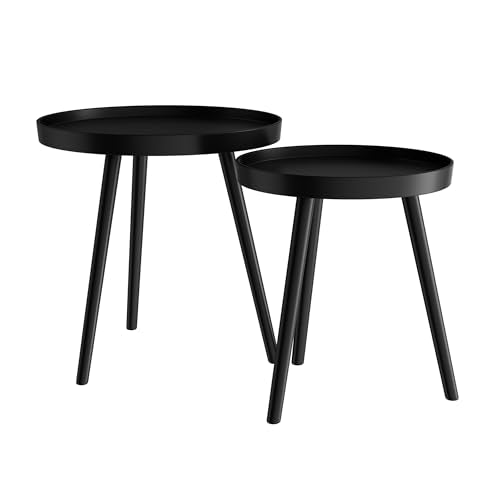 Lavish Home Nesting Side Tables, Black, Set of 2, 21.5”/16” | Round End Tables with Tray Tops for Living Room, Bedroom, or Home Office, Mid-Century Modern Living Room Furniture