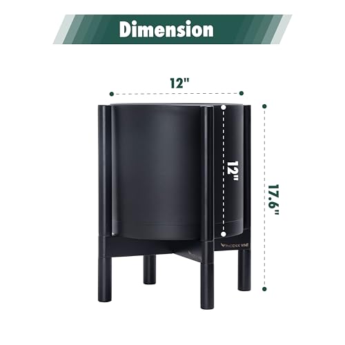 D'vine Dev Plastic Pot with Ebony Wood Stand, Black, 12 in, 55-C-Q-2 | Mid-Century Inspired Design, Elevated Plant Display, Clean Lines, Sturdy Support, Modern Space-Saving Style - color: Matte Black Pot + Ebony Stand, size: 12 Inch