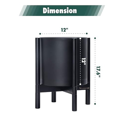 D'vine Dev Plastic Pot with Ebony Wood Stand, Black, 12 in, 55-C-Q-2 | Mid-Century Inspired Design, Elevated Plant Display, Clean Lines, Sturdy Support, Modern Space-Saving Style - color: Matte Black Pot + Ebony Stand, size: 12 Inch
