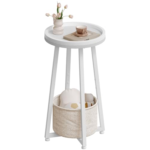HOOBRO Small Round Side Table, 2-Tier Round Sofa End Table, Compact Nightstand with Cotton Linen Storage Basket, for Small Space, Living Room, Bedroom, Dorm, White WW183BZ01 - color: White