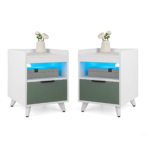 GOFLAME LED Nightstand Set of 2, 3-Tier Sofa Side Table with Drawer & Open Shelf, Remote Control, Aluminum Alloy Leg, Modern End Table for Bedroom, Guest Room, White