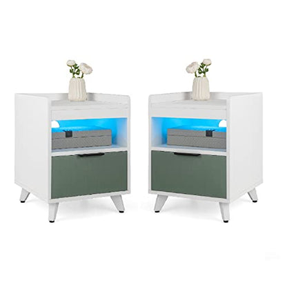 GOFLAME LED Nightstand Set of 2, 3-Tier Sofa Side Table with Drawer & Open Shelf, Remote Control, Aluminum Alloy Leg, Modern End Table for Bedroom, Guest Room, White